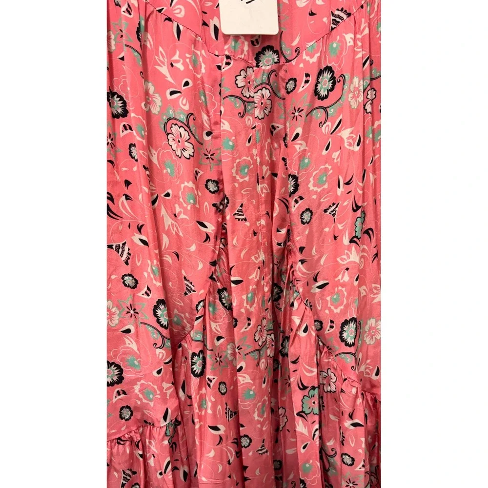 Mimi Liberte Michel Klein Pink Floral Silk Maxi Skirt Smocked Tiered Size 36 NEW